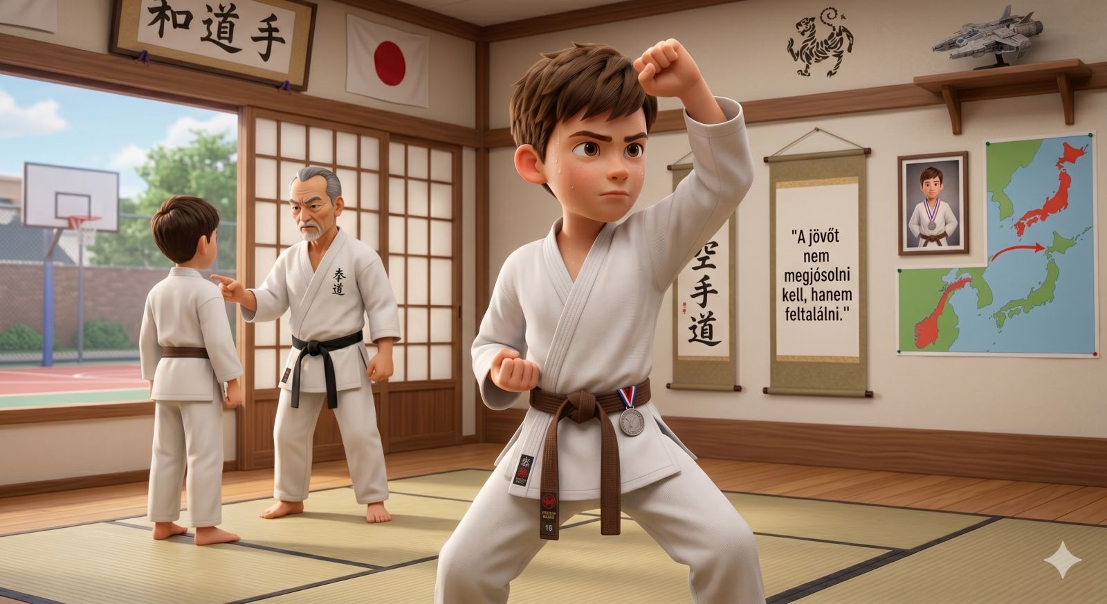 Palkó karate edzés közben a dojoban